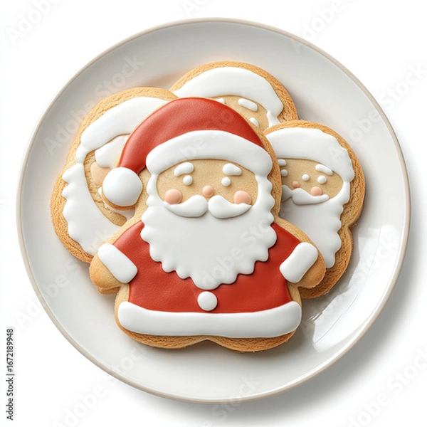 Obraz 3D Santa Claus cookies on a plate close-up, isolated, on a white background. Illustration, funny, festive print. Advertising of festive sweets.