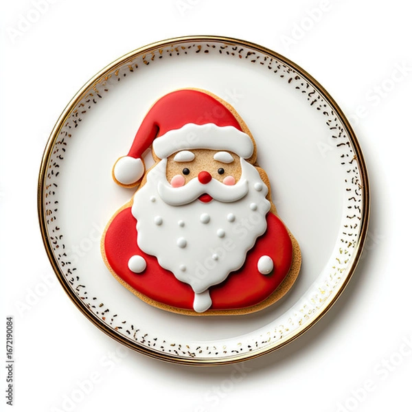 Fototapeta 3D Santa Claus cookies on a plate close-up, isolated, on a white background. Illustration, funny, festive print. Advertising of festive sweets.