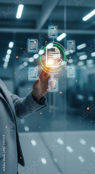 Fototapeta A businessman hand interacts with floating circular document interface in office and digital icons surround the central checkmark, document review, quality control process, quality assurance