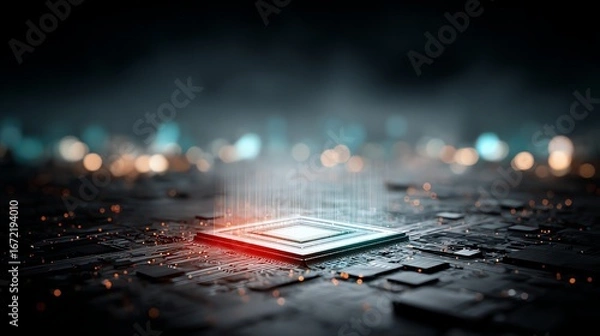 Fototapeta A glowing microchip, central to a complex circuit board, is dramatically illuminated against a blurred, futuristic cityscape backdrop, evoking innovation and technological advancement.