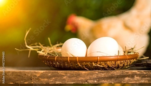 Fototapeta Two white eggs in a rustic woven basket, nestled in straw, with a hen blurred in the background, bathed in sunlight
