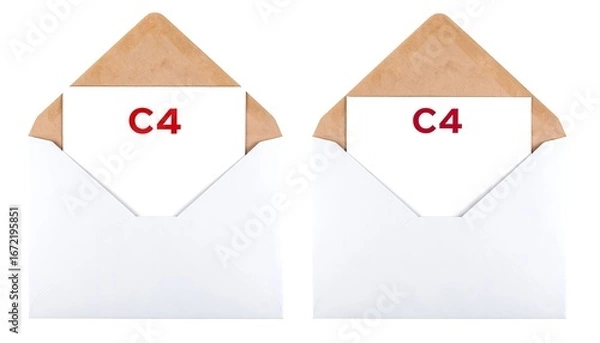 Fototapeta Two white envelopes, slightly ajar, reveal a small card with "C4" in red text inside each