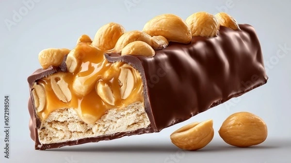 Fototapeta Chocolate-covered snack bar with caramel and peanuts, showcasing a cross-section revealing layers of crunchy wafer, creamy filling, and whole nuts, ideal for indulgent treat lovers and dessert enthusi