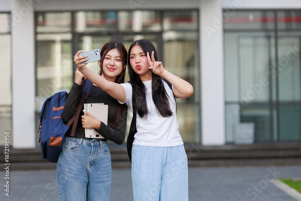 Fototapeta Two cheerful Asian students with backpacks and notebooks, smiling and enjoying a selfie together outside their school campus