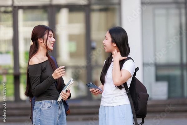 Fototapeta Two young Asian female students discussing outdoors while holding books and a smartphone, enjoying a moment of friendship and learning