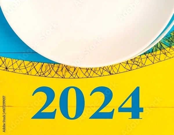 Fototapeta Two white plates on a yellow and blue surface with the number 2024