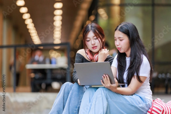 Fototapeta Two asian female students collaborating on a laptop, discussing and working together on a project outside their university building