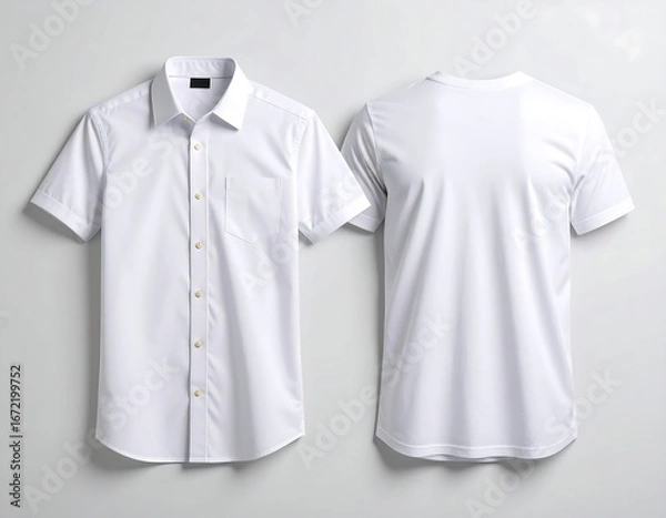Fototapeta Two white short-sleeved shirts, one button-down, one tee, shown front and back, against a neutral backdrop