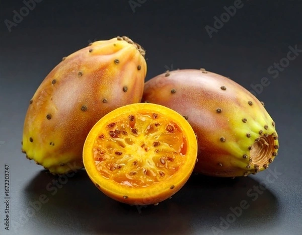 Fototapeta Two whole and one halved prickly pear fruits sit on a dark surface