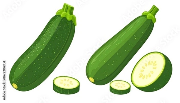Fototapeta Two whole and two sliced zucchini displayed against a white background