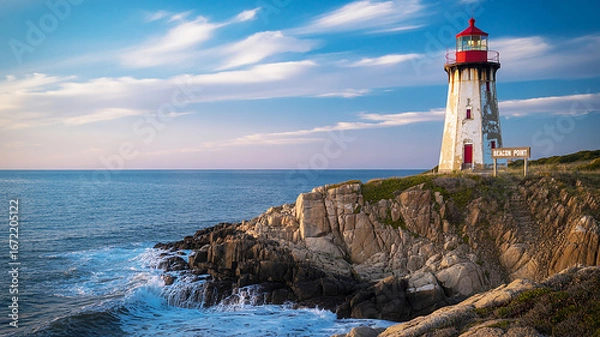 Fototapeta Iconic lighthouse perched atop a dramatic rocky cliff, overlooking the vast ocean with crashing waves under a beautiful, serene sky at golden hour