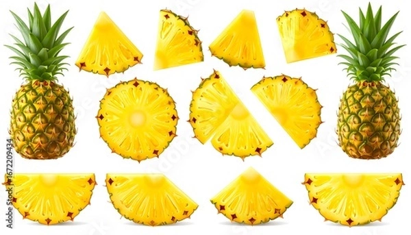 Fototapeta Two whole pineapples and various slices, isolated on white