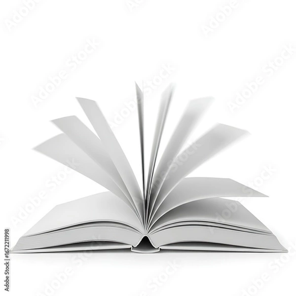 Fototapeta Captivating open book with pages fluttering, symbolizing knowledge, creativity, and new beginnings in a clean, bright setting