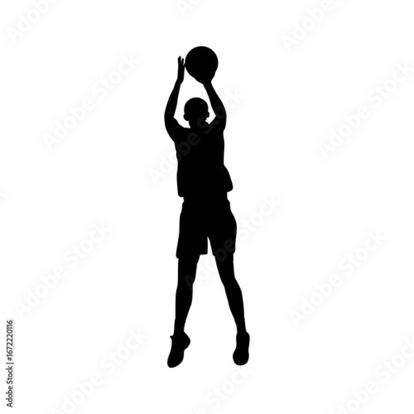 Fototapeta Silhouette of a female basketball player performing a jump shot, ideal for sports designs, vector graphics, posters, and basketball-themed creative projects.