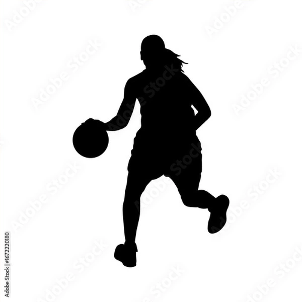 Fototapeta Silhouette of a female basketball player running while dribbling the ball, perfect for sports designs, vector illustrations, posters, and basketball-themed creative projects.