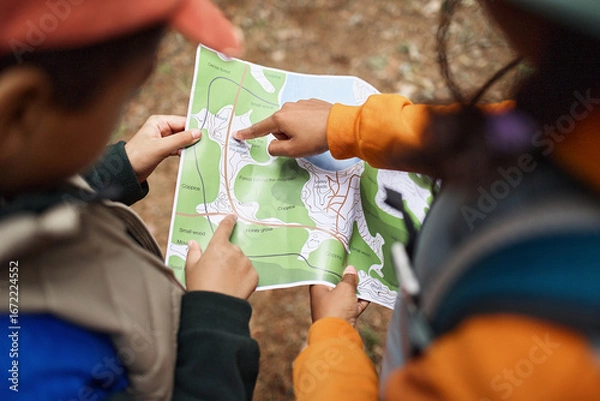 Fototapeta Two children studying map outdoors, one child pointing at specific location while other holding map, both wearing backpacks, exploring nature together