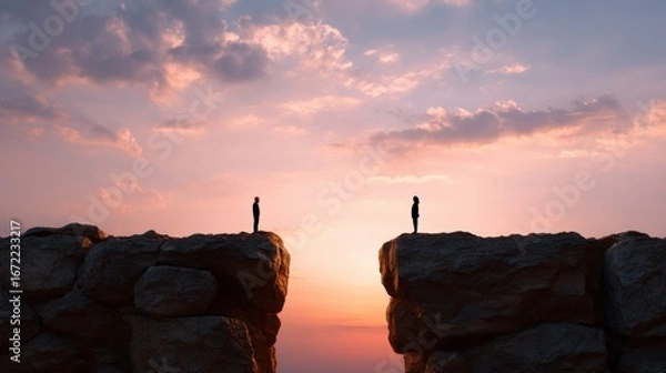 Fototapeta Man and woman silhouette standing at opposite sides of canyon cliff at sunset. Concept of gap, separation, and distance in relationships or business.