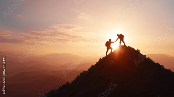 Fototapeta Two men climbing a mountain, one helping another reach the summit at sunset. Teamwork and leadership concept with silhouettes for business.