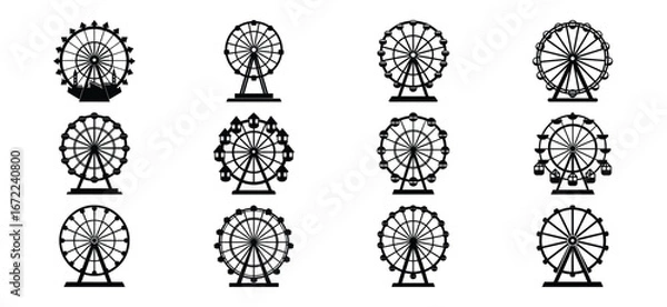 Fototapeta Collection of Ferris Wheel Silhouettes Simple Black and White Vector Illustrations for Design Projects