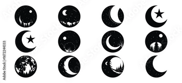 Fototapeta Twelve Oval Shapes Illustrating Phases of the Moon with Stars and Trees
