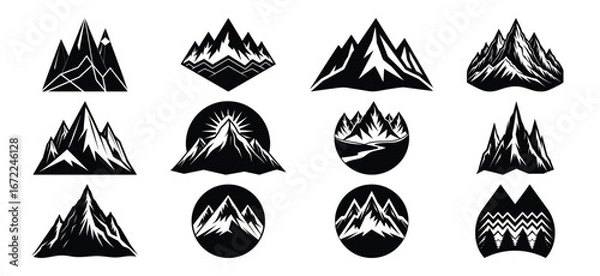 Fototapeta Collection of Mountain Peaks and Landscapes in Black and White Vector Illustrations