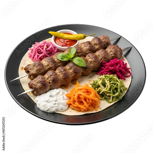 Obraz Lula Kebab Skewers with Colorful Side Dishes on Plate.