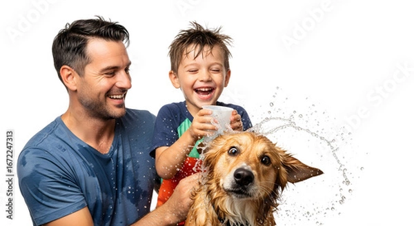 Fototapeta Happy father and son washing their dog together on a white background, creating a fun and loving moment