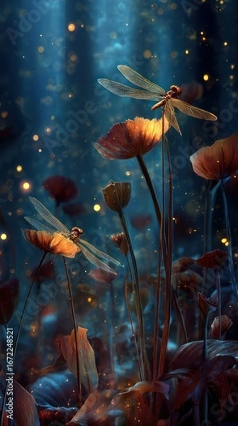 Fototapeta Night-blooming meadow, glowing dragonflies