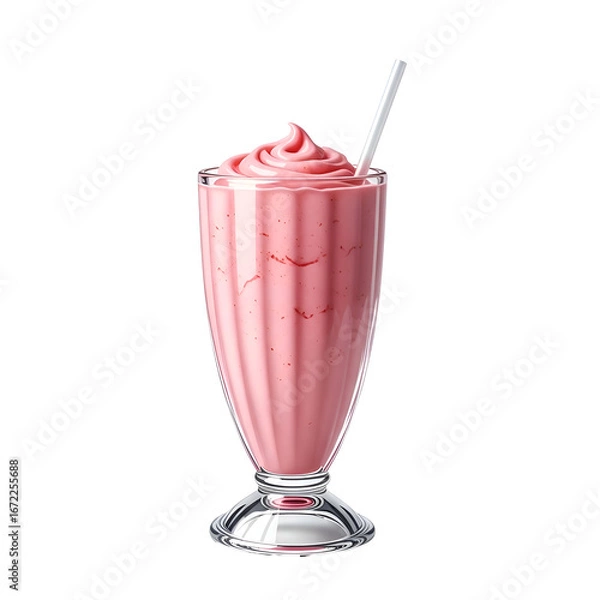 Obraz Strawberry Milkshake in Glass with Straw on White Background.
