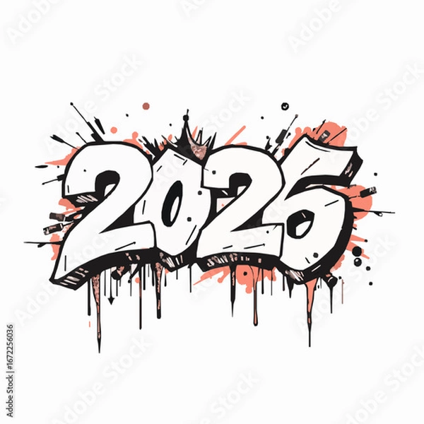 Fototapeta Graffiti style 2025 numbers with coral paint splatters