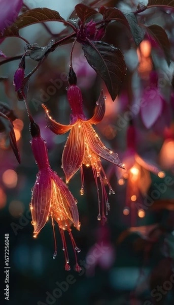 Fototapeta Fuchsia flowers, lit by soft light, droplets