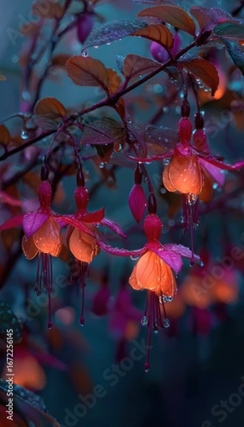 Fototapeta Fuchsia blossoms, vibrant, illuminated,  rain