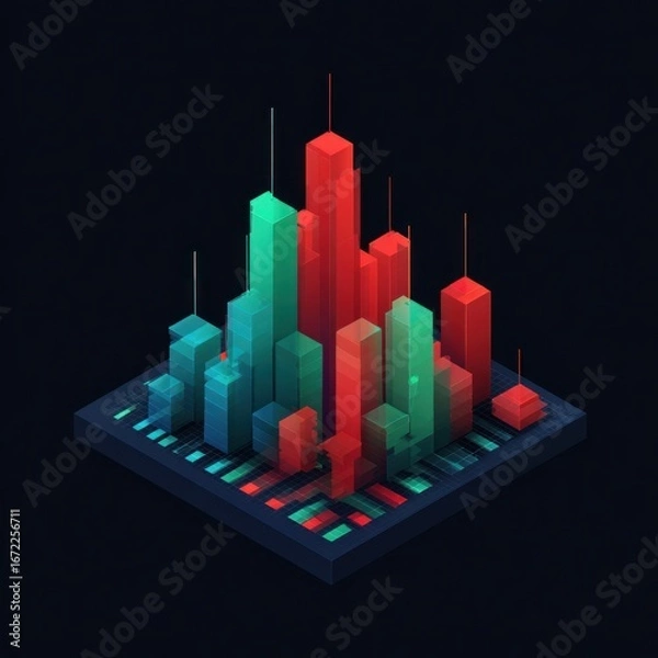 Fototapeta Isometric city with vibrant, pixelated buildings on a dark background