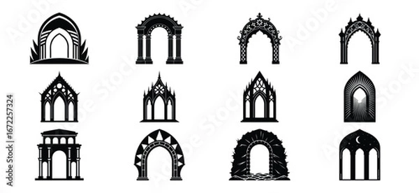 Fototapeta Collection of Gothic Archway Silhouettes for Design Elements and Architectural Inspiration