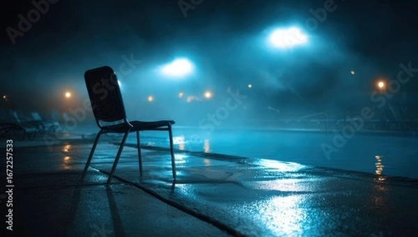 Fototapeta Empty chair by a pool at night