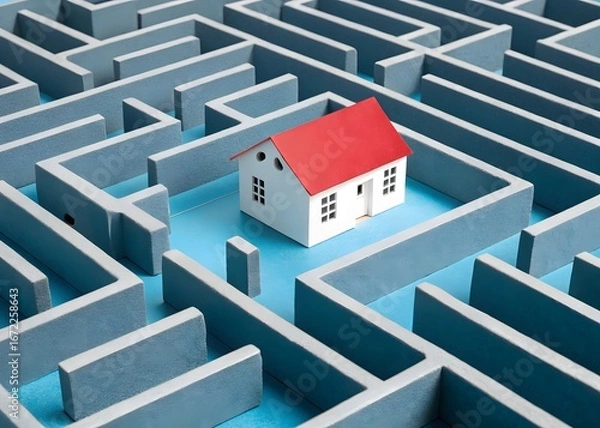 Fototapeta A house in the middle of a labyrinth mazes. Difficulty in buying your own home. Infrastructure and transport system, laying a route. Obstacles to homeownership and bureaucratic complexity