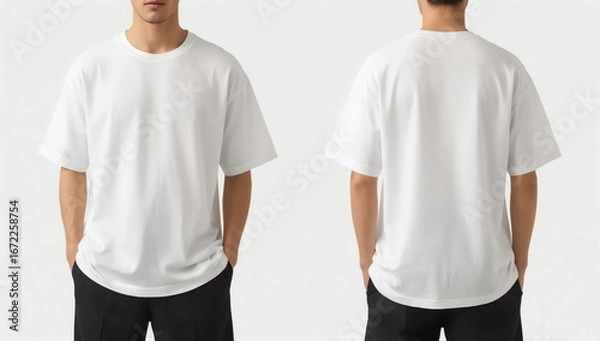 Fototapeta Young man in blank oversize t-shirt mockup front and back used as design template, isolated on white background with clipping path