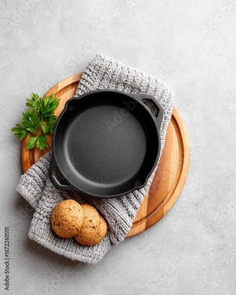 Obraz Black cast iron skillet on gray knit cloth and wood round, with parsley and two cookies on a concrete background