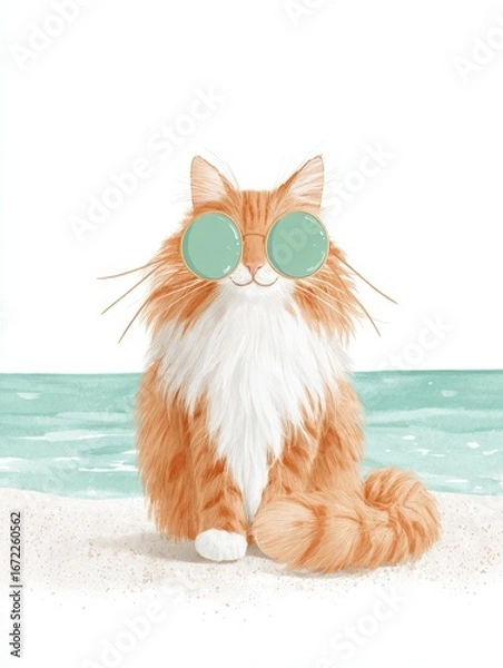 Obraz Red Cat in Sunglasses on Beach with Turquoise Sea and White Background, Whimsical Animal Illustration