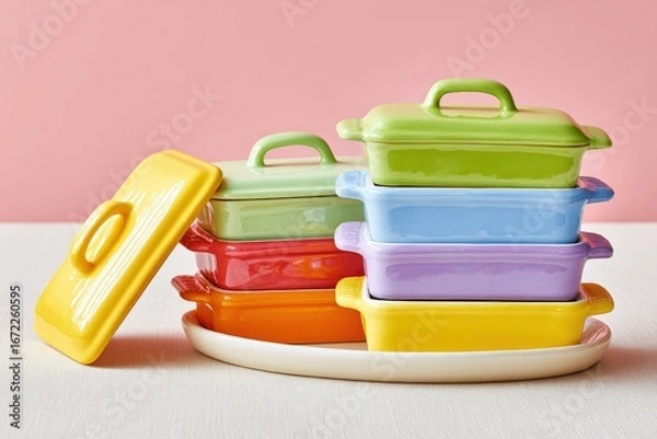 Fototapeta Stack of Pastel Ceramic Baking Dishes with Lids on White Tray, Against Pink Background, Bright, Colorful, Playful, Kitchenware, Close-Up