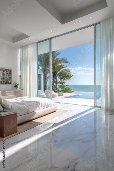 Fototapeta Luxurious beachfront bedroom with expansive ocean views (1)
