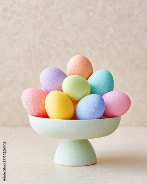 Fototapeta Minimalist close-up of pastel speckled Easter eggs in a speckled ceramic pedestal bowl against a speckled beige background