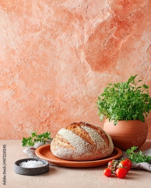 Obraz Artisan Sourdough Still Life with Tomatoes and Herbs, Warm Rustic Tones, Texture-Rich, Food Photography