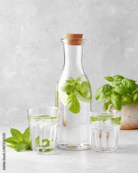 Fototapeta Clear glass carafe of water infused with basil and lime, two glasses with ice and mint, minimalist style on a textured gray background