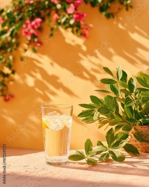 Fototapeta Sunny Still Life with Flowers & Shadows, Warm Orange Palette, Relaxing Summer Mood