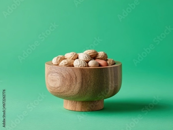 Obraz Simple studio shot of a wooden bowl overflowing with shelled peanuts on a monochromatic green backdrop, minimalist style and clean composition