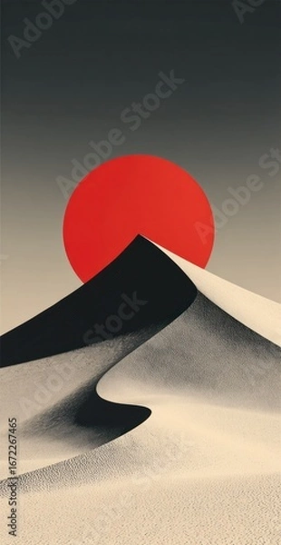 Fototapeta Desert sun, minimalist, serene, landscape, with a large red circle