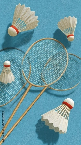 Fototapeta Badminton rackets and shuttlecocks on light blue background