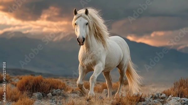 Fototapeta White horse galloping through a rugged landscape at sunset with dramatic clouds in the background