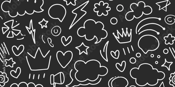 Fototapeta Seamless pattern of hand drawn white doodle icons including clouds hearts stars lightning bolts and speech bubbles on a black background